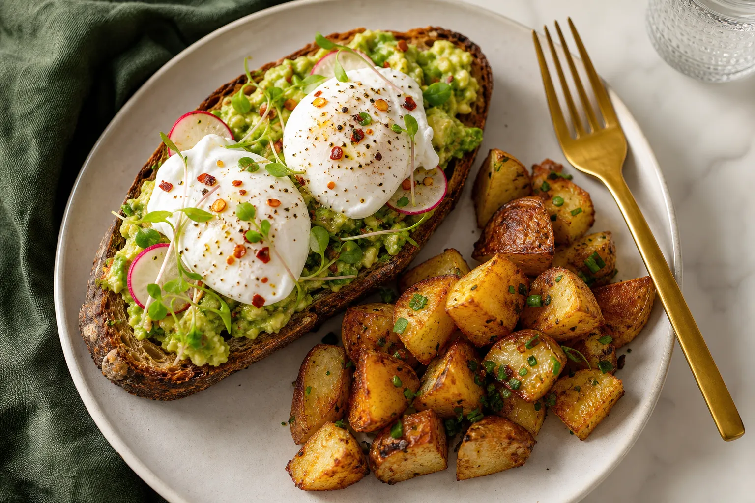 Avocado toast on sourdough with two poached eggs and home fries