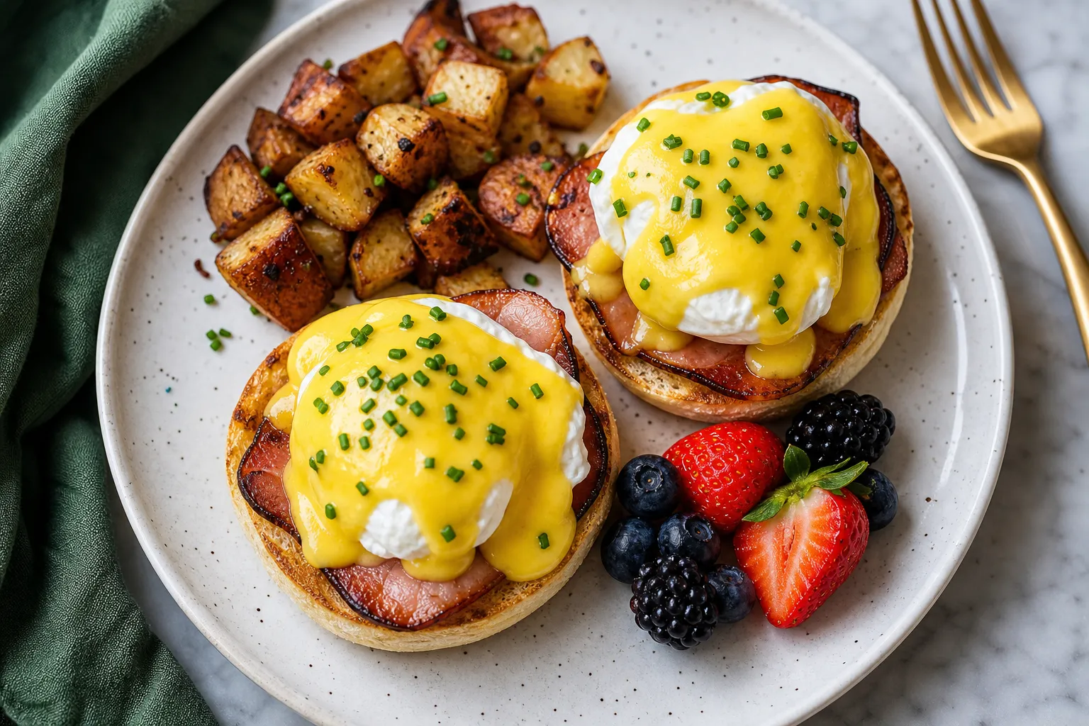 Eggs benedict with hollandaise, peameal bacon, home fries and berries