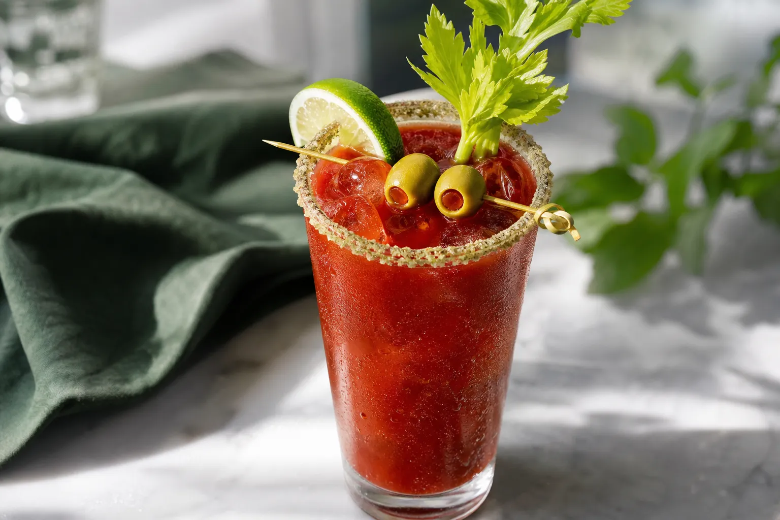 A Canadian caesar cocktail with a celery-salt rim, celery and olives