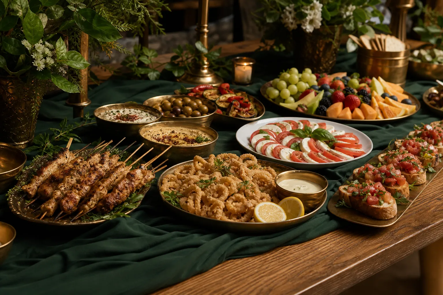 A catering spread of skewers, calamari, caprese and fruit on a green table runner