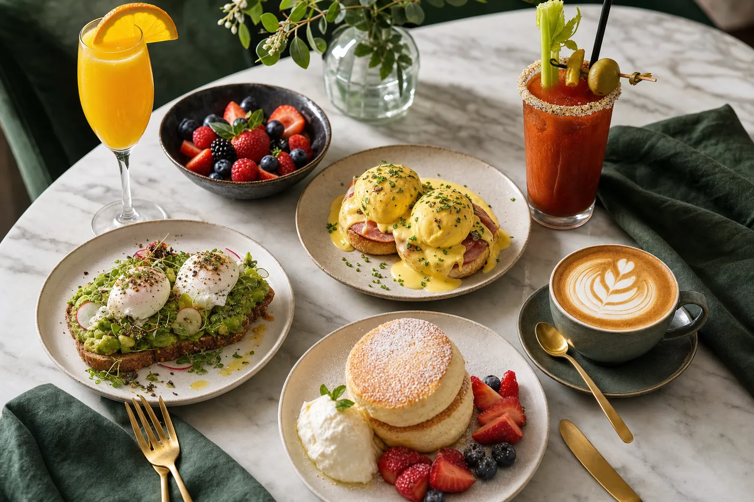 A brunch spread on a marble table: eggs benedict, souffle pancakes, avocado toast, a mimosa and a caesar