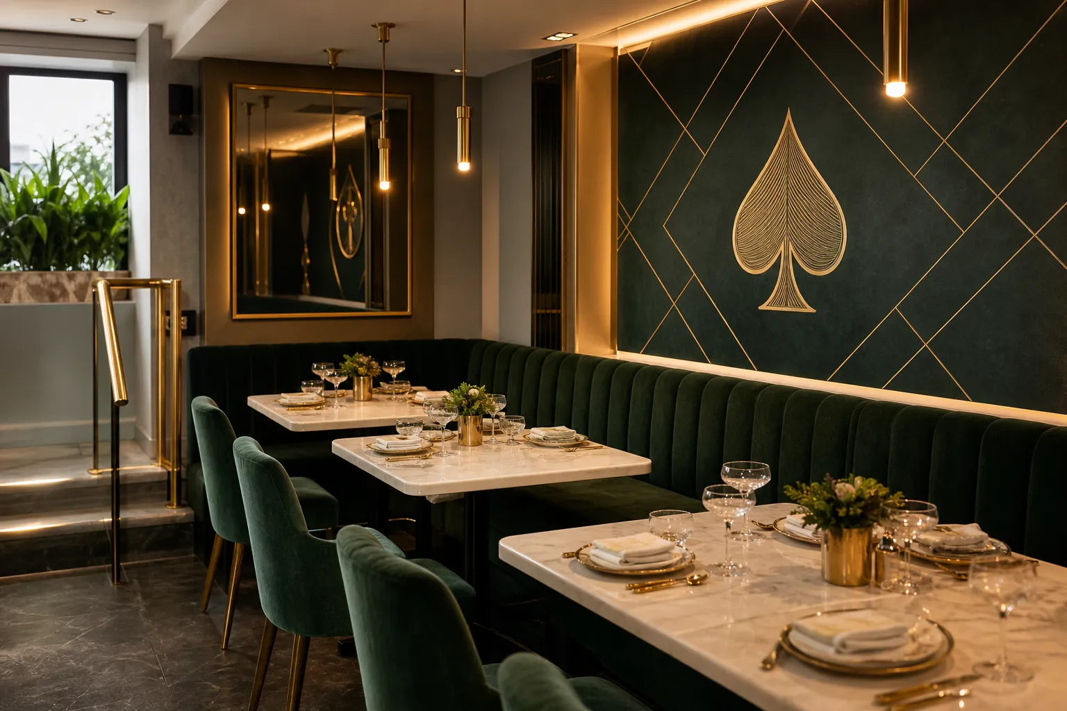 The forest-green and gold interior of Ace Restaurant with a gold spade motif