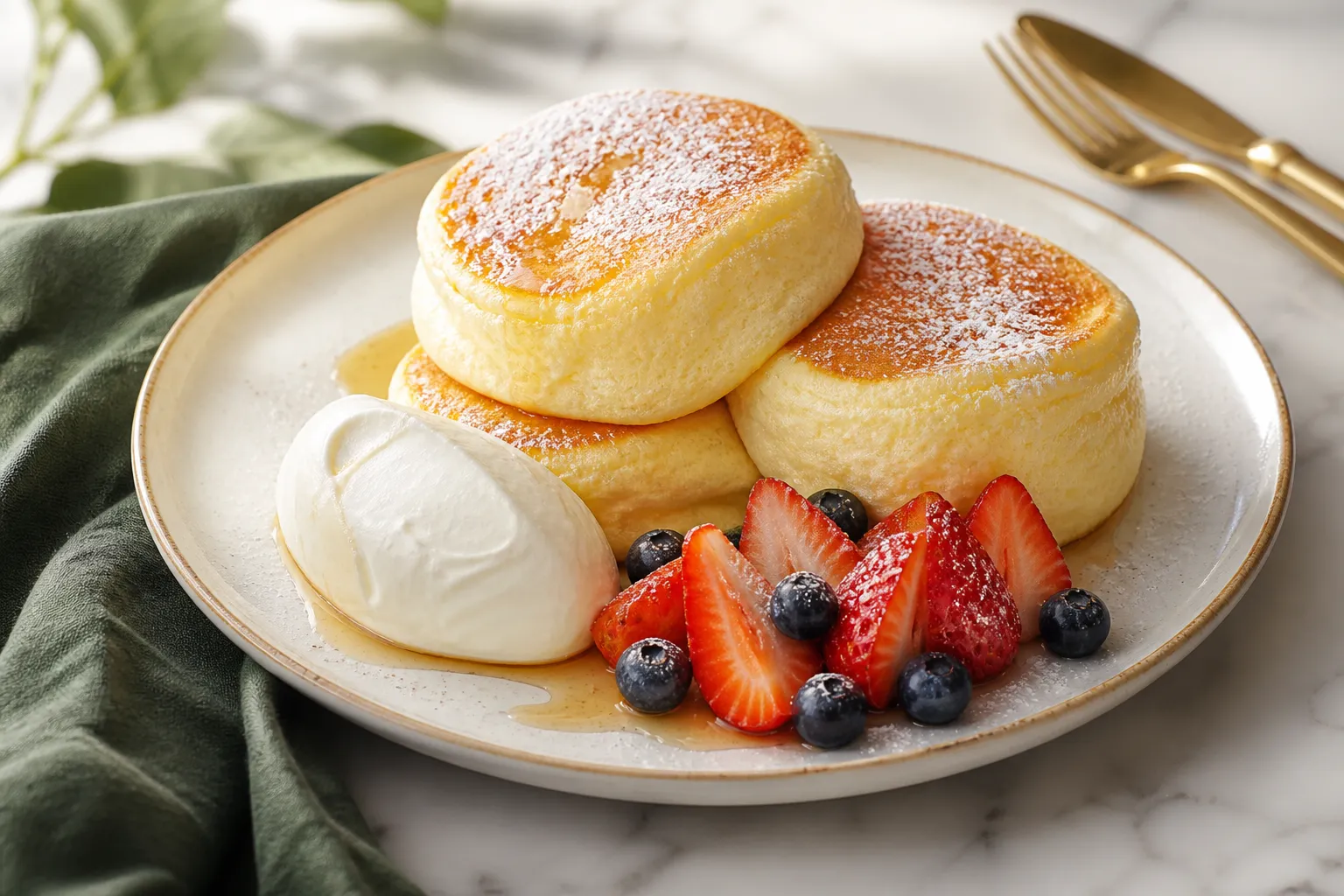 Tall Japanese souffle pancakes dusted with sugar, with berries and cream